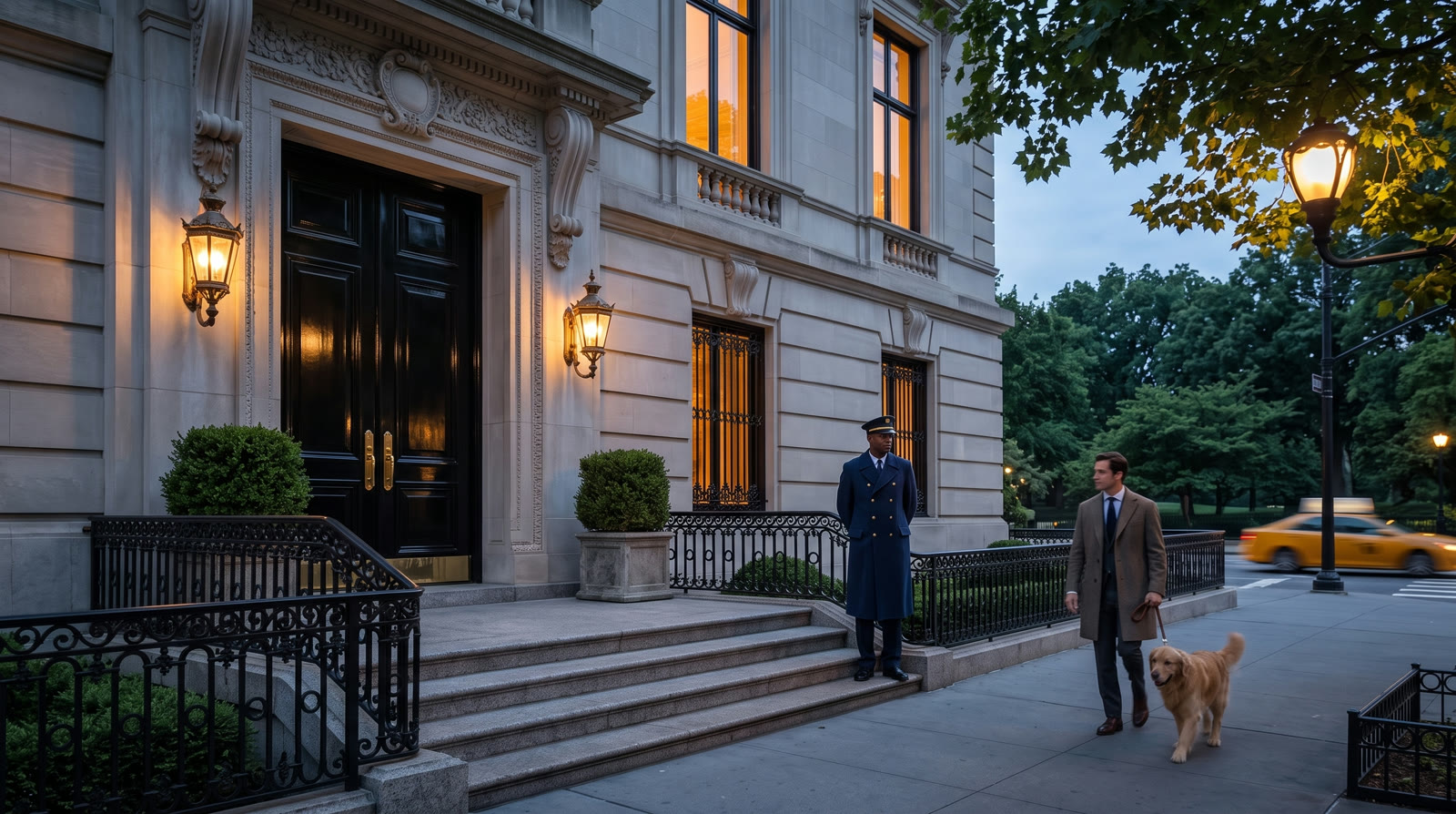 Limestone townhouse doorway at dusk