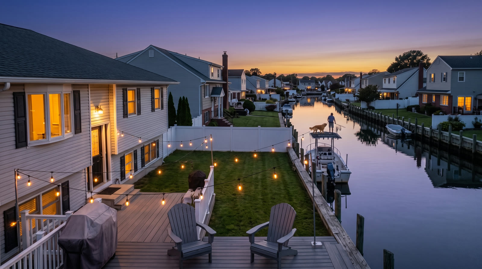 Backyard deck and dock on a canal at dusk, string lights lit