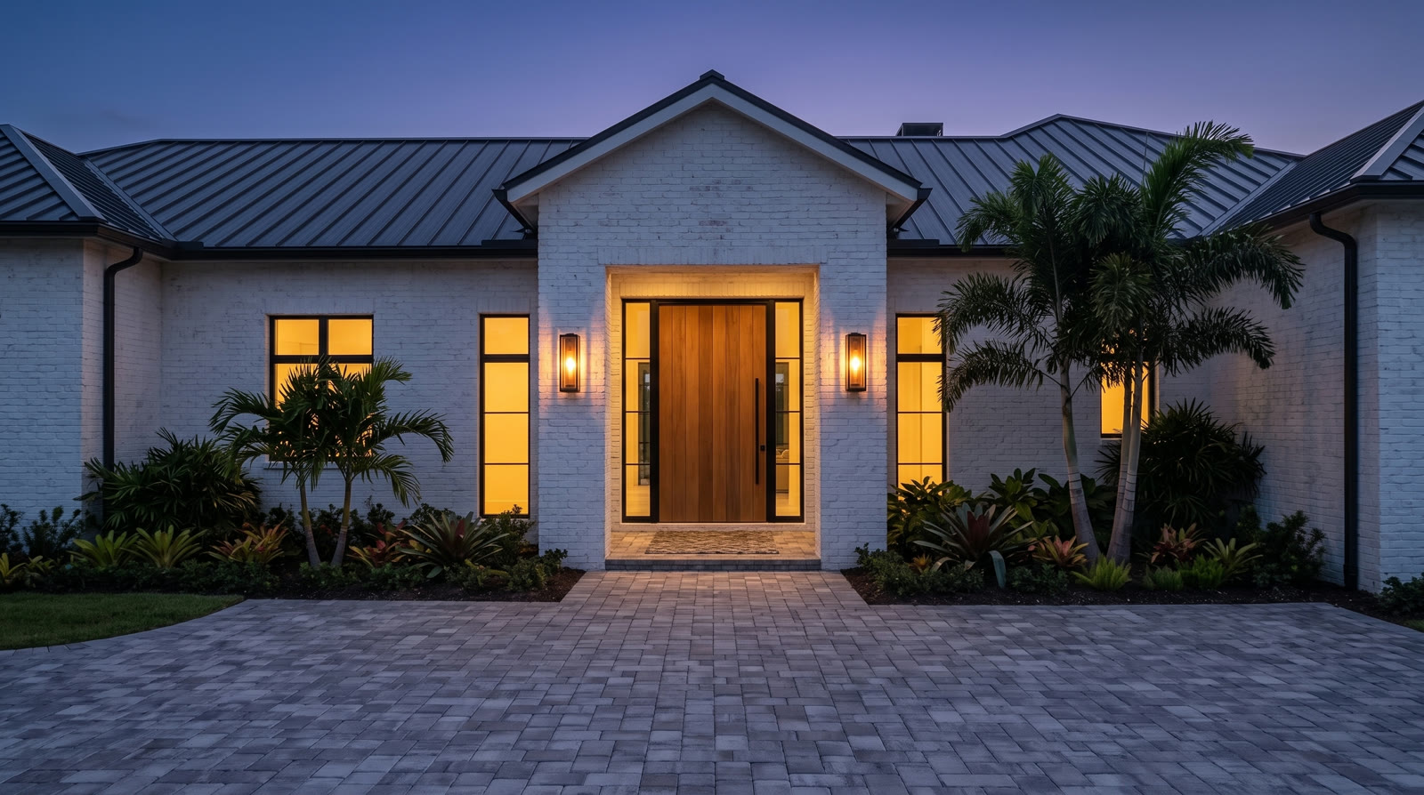 Modern pavilion house at the water's edge at dusk