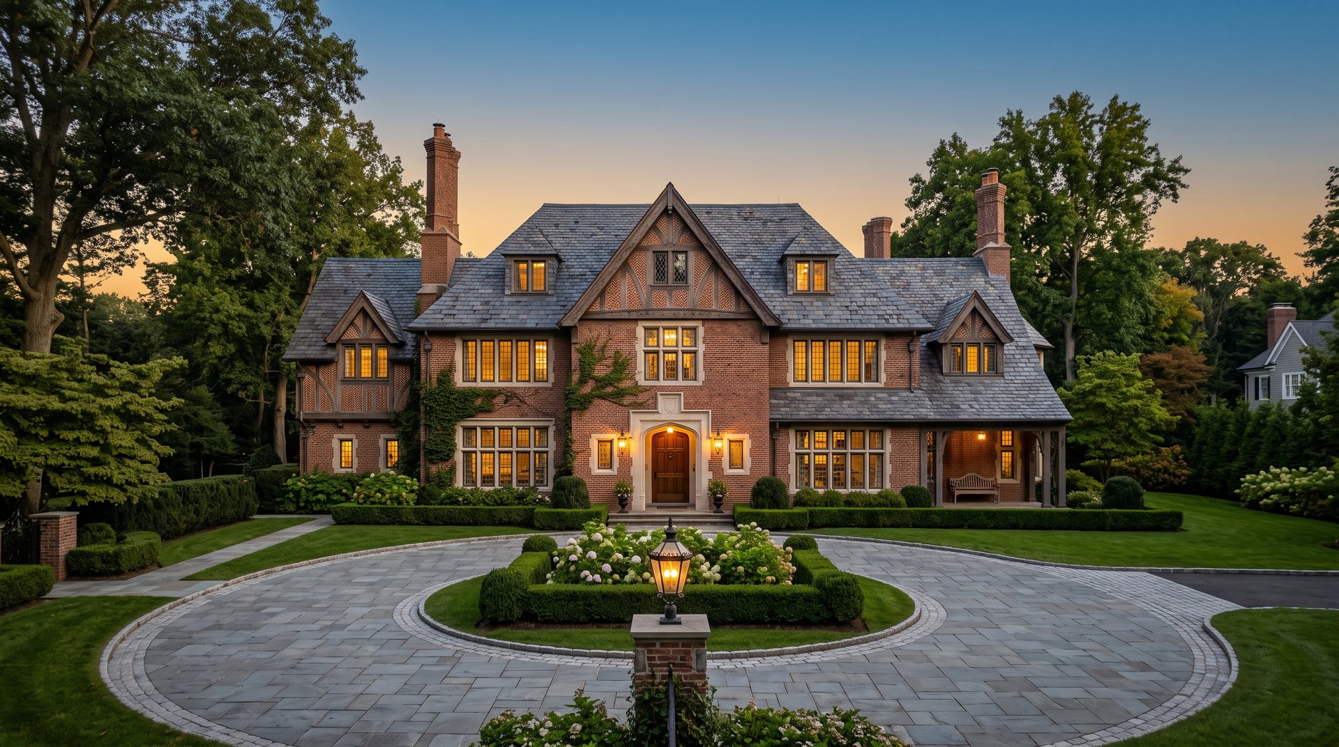 Brick Tudor estate at dusk behind a circular drive