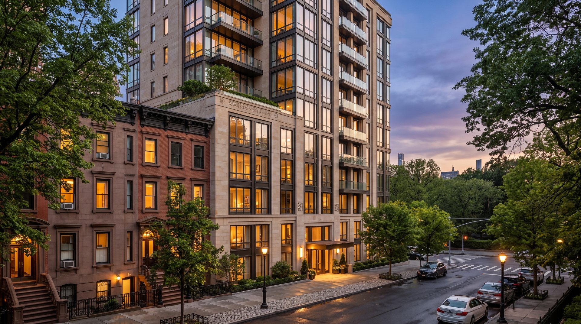 Limestone condominium tower on a tree-lined street at dusk