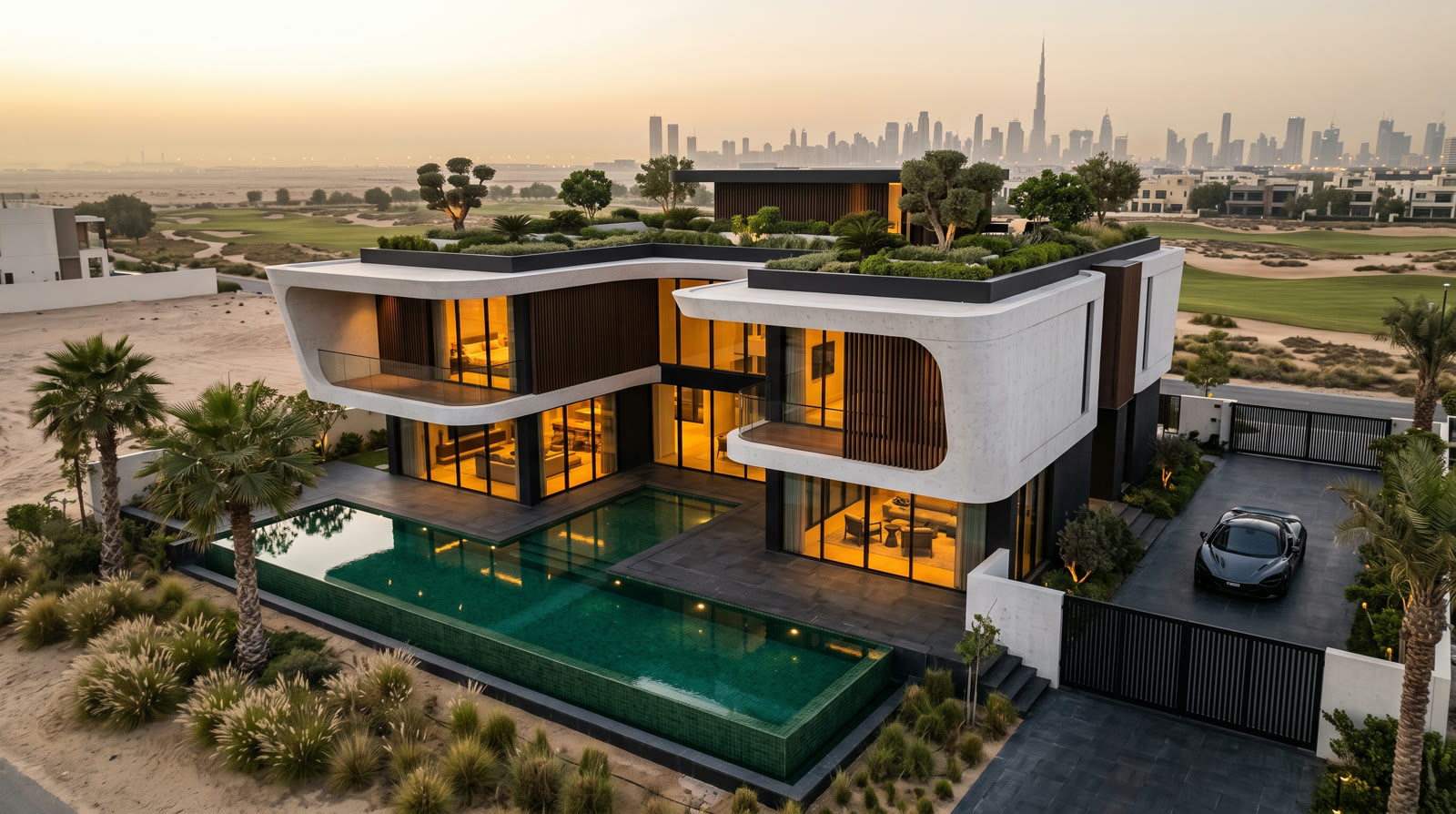 Modern white villa with a pool, the Dubai skyline behind it at golden hour